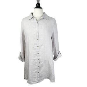 NEW Tahari Light Gray 100% Linen Button Down Tunic Top Women's Size Large